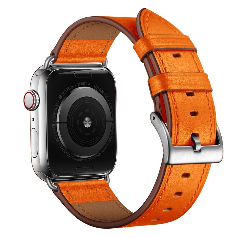 OUHENG Leather Bands Compatible with Apple Watch Band 49mm/46mm/45mm/44mm/42mm, Genuine Leather Strap for iWatch Series 11/10/9/8/7/6/5/4/3/2/1 & Ultra 3/2/1 & SE3 SE2 SE, Orange/Silver - Image 2